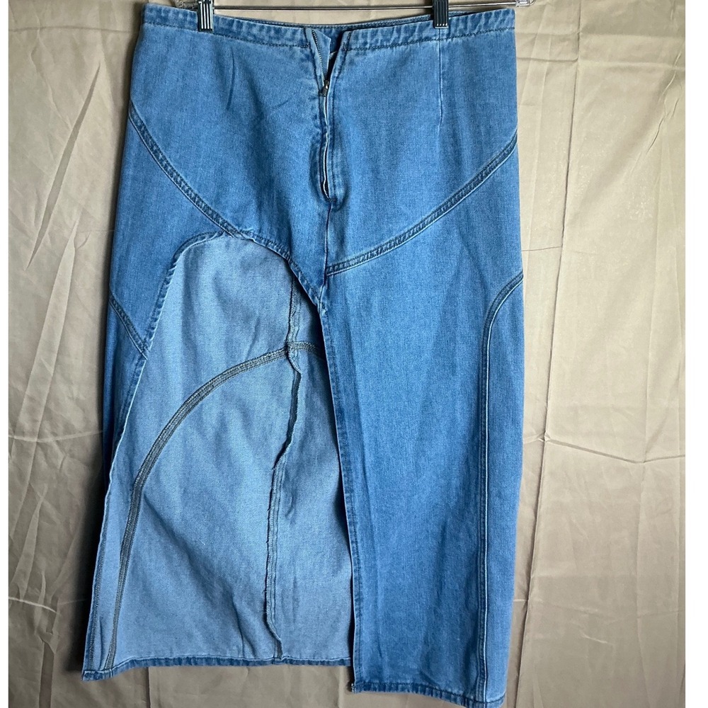 Denim Midi Skirt High Waisted Front Slit Zipper Closure Light‎ Wash XL